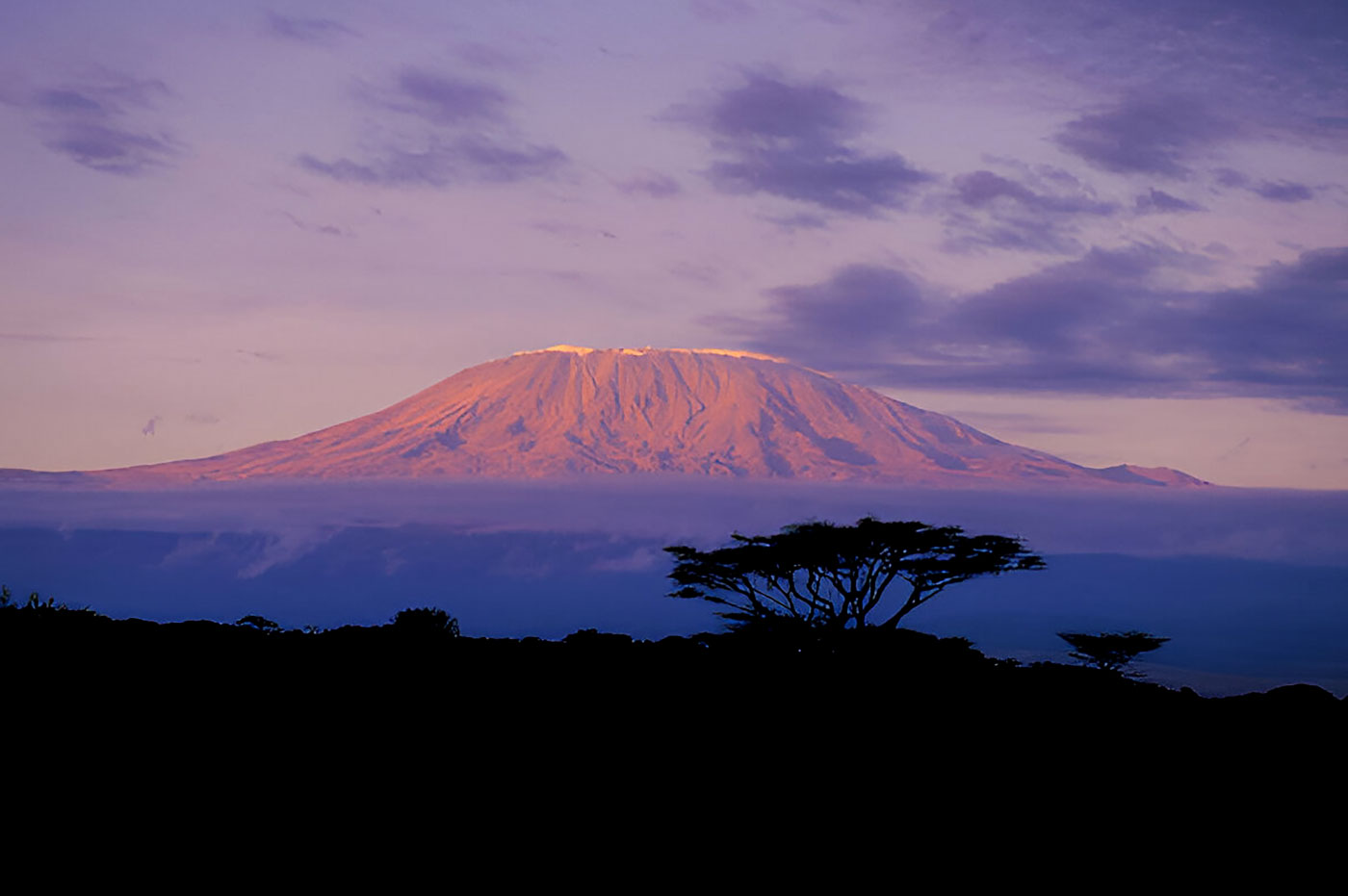 Mount Kilimanjaro with cloud line at sunset viewed from the savanna landscape of Amboseli National Park, Kenya – African safari scenery  with Pizet Safaris